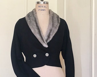 vintage 1950s Black Wool Cropped Cocktail Jacket with faux fur shawl collar & rhinestone buttons - size small