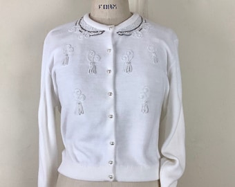 tassels & pearls, vintage 1950s creamy white beaded cardigan sweater by Park Storyk, w/ original tag! never worn - size small to medium