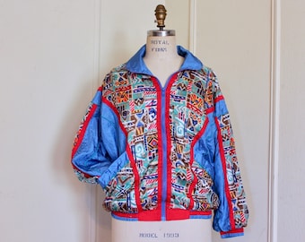1990s Colorful Track Jacket / Windbreaker - Misty Valley Sport - blue + red + green + brown - zip up, lightweight - vintage size MEDIUM