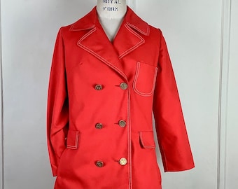 I spy a sailor jacket, vintage 1970s Vermillion Red trench with decorative stitching + ANCHOR buttons + lots of pockets - small to  medium