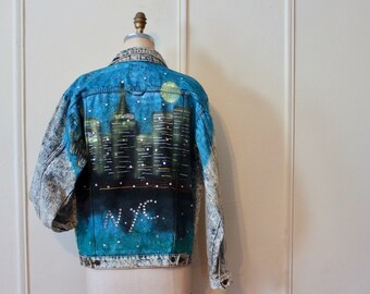 i LOVE nyc, vintage 1980s Handpainted + Studded Jean Jacket - cityscape, SKYLINE oversized, slouchy ACID Wash denim coat with Rhinestones