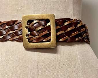 vintage bronze + brown leather braided / woven belt with oversized SQUARE Brass BUCKLE - CKJ, y2k -  up to 40" waist / hips - medium, large