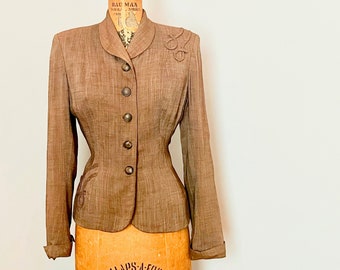 1940s brown gaberdine tailored blazer with ribbon detail - union label, styled by Hallmark - suit jacket, coat - size small