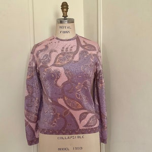 1970s pink + purple + metallic sparkle DisCo Top - vintage Space Age designer, Emepe of Belguim - nylon, paisley floral print  - size medium