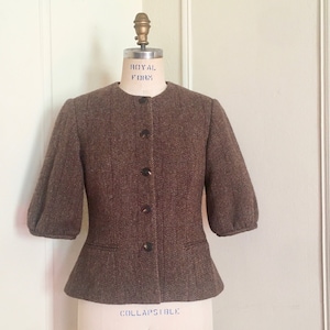 etiqueta negra vintage Ralph Lauren espiga marrón Blazer - lana + alpaca, ropa de mujer, 3/4 mangas globo, cintura peplum - talla 10, mediana