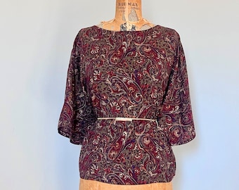 vintage 1980's Drab Green & Dark Purple Paisley Boxy Blouse by Accolade - 3/4 short sleeve - size small to medium