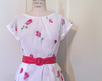 Elisa Day, vintage 1950s White Semi Sheer Dress with Pink & Green Roses - short sleeves, midi length, cottagecore - size medium to large