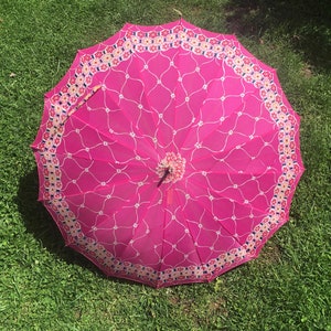pink lattice, vintage 50s Hot Pink + Black + Grey + White sweet Floral umbrella with ombre handle - sun umbrella, instant shade, light rain