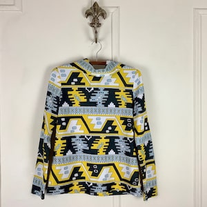 1970s OP ART, Robotic Geometric Colorblock  Long Sleeve Shirt - turtleneck, yellow + grey + back + white - size small to medium