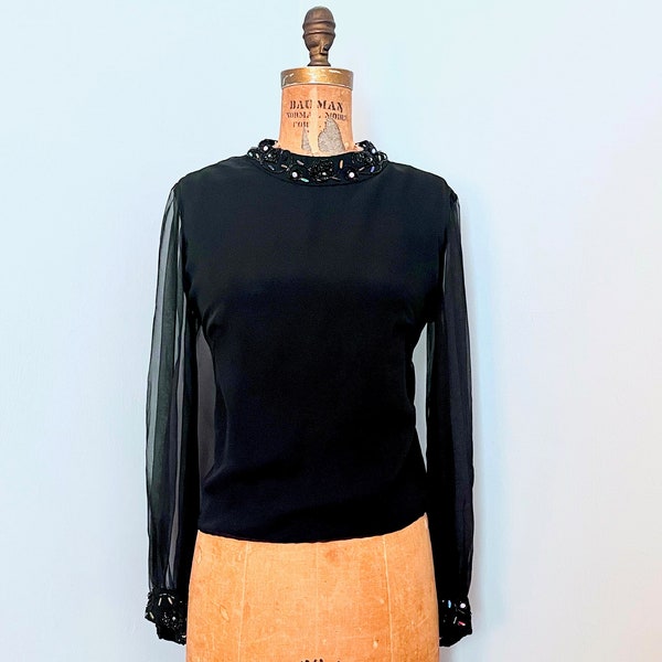 vintage 1960s Fancy Black Blouse with Jeweled + Beaded Collar & sheer Poet's Sleeves - BONWIT TELLER / Morlove - size medium, large