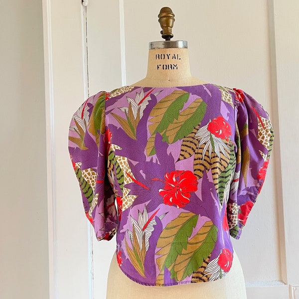 wild jungle - 1980s cotton blouse with OVERSIZED puffy 3/4 tapered sleeves - tropical flowers + animal print - purple + red + brown - medium