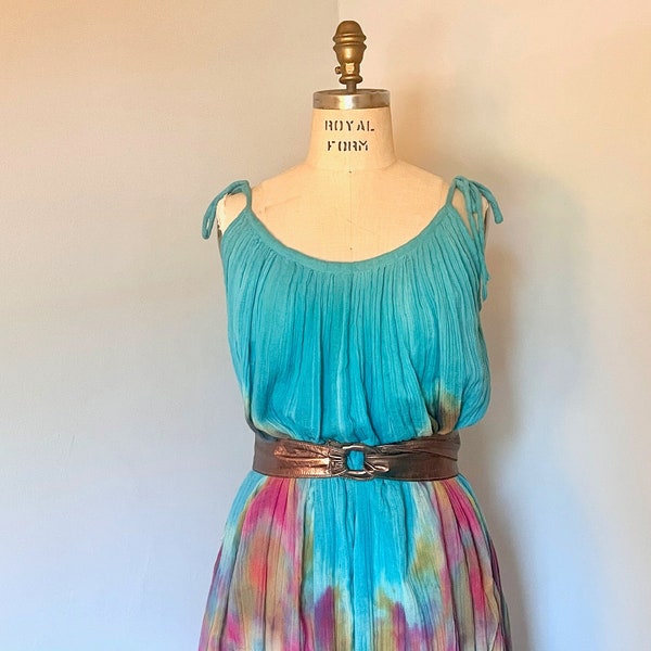 Vintage Tie Dye Sommer Baumwoll Gaze Zeltkleid - 1980er Jahre Strand Boho - Türkis + Rosa + Gold + Lila - Einheitsgröße, klein mittel groß