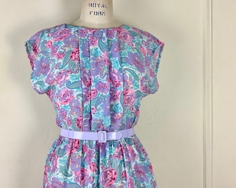 1980s rose & paisley Spring Garden Dress - white + turquoise + pink + purple, semi-sheer day dress - vintage size 8, small to medium