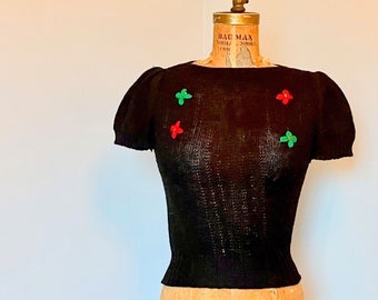 vintage 1940s Black Knit Sweater with Red & Green Flower Appliques - bateau neckline, short puffy sleeves, copped length - small, extra, xs