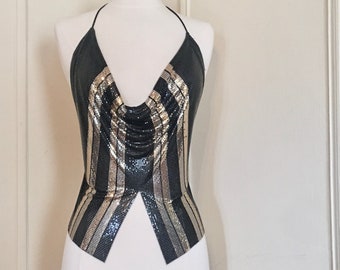 disco party, 1980s Whiting & Davis Metal Mesh Halter Top - vintage STUDIO 54 designer, black + silver + gold metallic - one size
