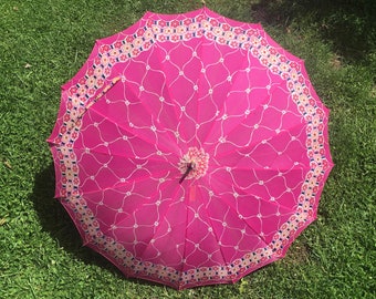 pink lattice, vintage 50s Hot Pink + Black + Grey + White sweet Floral umbrella with ombre handle - sun umbrella, instant shade, light rain