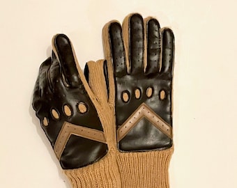vintage Brown Knit + Faux Leather Winter Gloves - ARIS - one size, small, medium