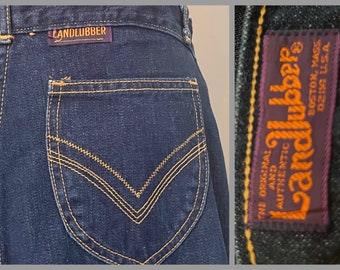 landlubber -  1970s Dark Wash high-waisted, Hip-hugger jeans - straight cut, 100% cotton, talon zipper - vintage size 15, medium, large