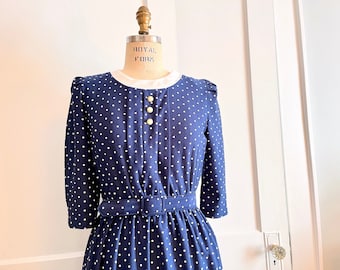 1980s Navy Blue + White Polka Dot Day Dress - pearl buttons, modest, below the knee, belted - vintage size 10P, medium, large, petite