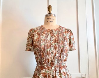 vintage floral day dress - 1960s, shirtwaist - brown + green + white +  mauve - size small to medium