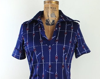1970s LANVIN navy blue + white + red polo shirt - short sleeve blouse - EQUESTRIAN PREP reins , sailor chic - vintage size 4, small / medium