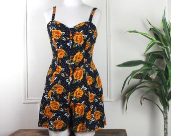 dark floral romper, 1980s Summer Playsuit, jumper, sun dress, skort, shorts - swiss dots + orange spice + olive green roses - sz small