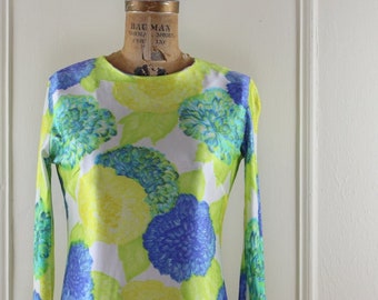 1960s Bright Floral Shift Dress - super MOD vintage dress in indigo, turquoise, yellow, and lime green - size small to medium