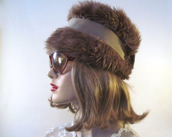 vintage 1960s faux fur cloche with brown grosgrain ribbon - Autumn, Fall, Winter Party Hat