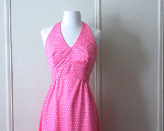 vintage 1970s Pink + White Polka Dot Maxi Dress -