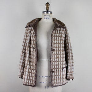 1960s taupe & ivory faux fur leather coat with harlequin pattern by LILLI ANN of Paris MOD, box jacket, winter warm size small, medium image 7