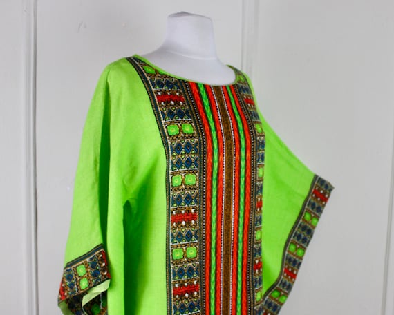 1970s neon GREEN Cotton Caftan, Batik Mini Dress,… - image 1