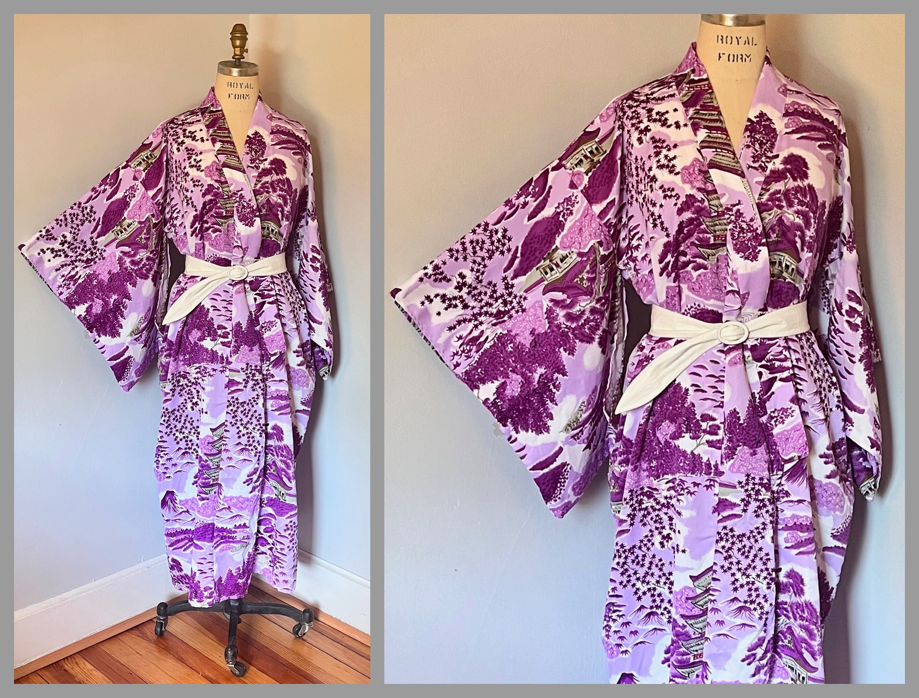 the purple Kimono 1970s Silky Floral Robe with pagodas mountains trees vintage size small