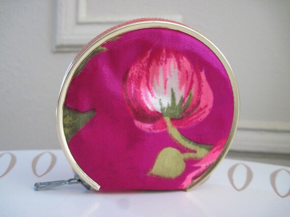 vintage Pink & Fuchsia Satin Floral Mirrored Comp… - image 1