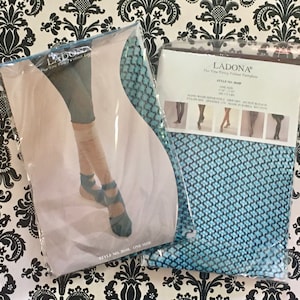 1980s Blue & Black FISHNET Leggings / vintage footless Stockings - NEW WAVE, Punk - NeW iN pAcKaGiNg - one size / up to 5&#39;10, 175 lbs