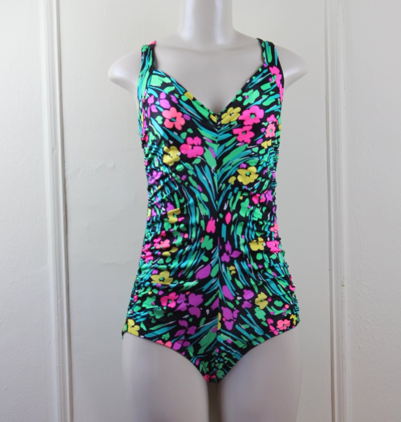 1980s Neon Floral Swimsuit bathing suit maillot Black Hot | Etsy