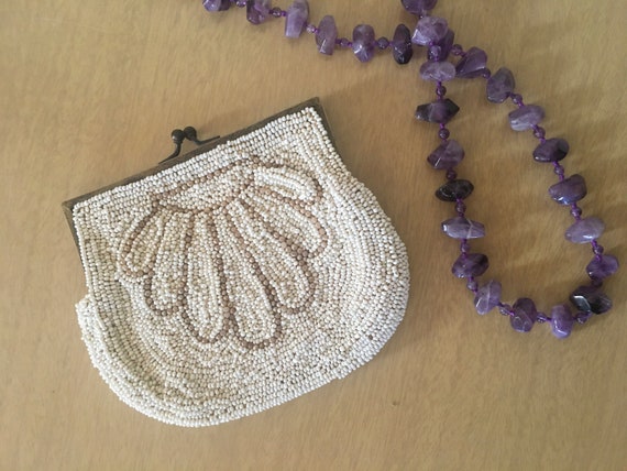 vintage antique 1930s White ART DECO Beaded SHELL Change Purse, perfect for a wedding or a fancy gala - something old