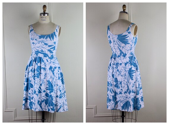1980s White + Teal Blue Cotton Sun Dress With Breezy