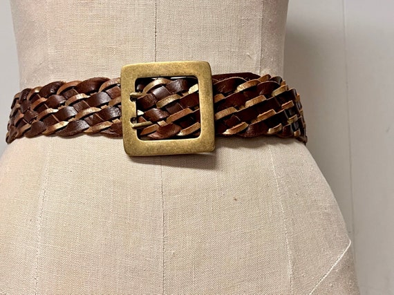 Vintage Bronze Brown Leather Braided Woven Belt With Oversized SQUARE Brass BUCKLE CKJ Y2k up to 40 Waist Hips Medium Large Etsy
