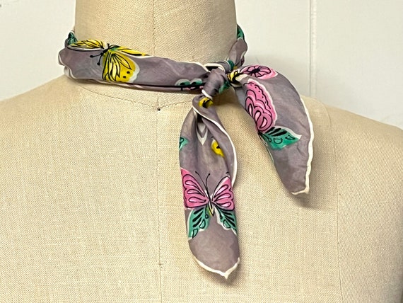 Butterflies, 1950s Silk Scarf - taupe + turquoise… - image 5