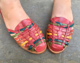 size 10,  vintage 1980s Red Woven Leather Flats with colorful stripes - Brazilian Huarache by Leather Craft, shoes, sandals - LIKE NEW