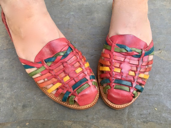 size 10,  vintage 1980s Red Woven Leather Flats w… - image 1