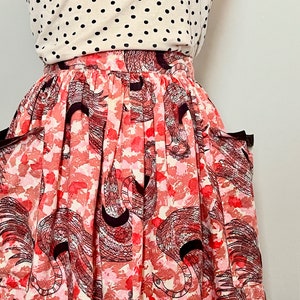 barnyard chic, vintage 1950s pink + black cotton Skirt - below the knee, pleated, oversized pockets - rooster, chicken, swans-  size small