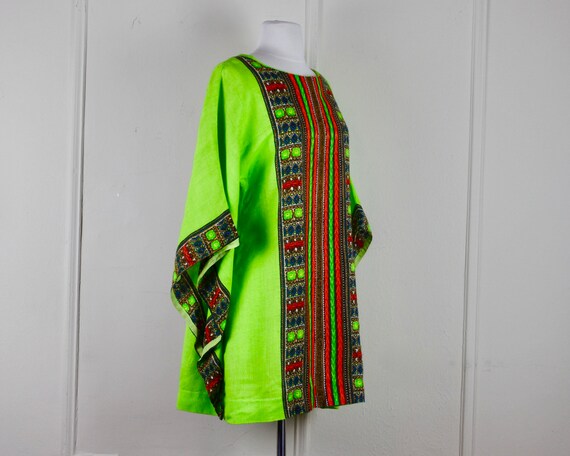 1970s neon GREEN Cotton Caftan, Batik Mini Dress,… - image 7