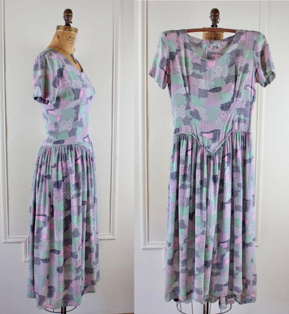 vintage 1940s Floral Landscape Party Dress - seaf… - image 3