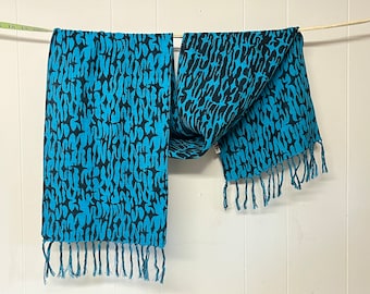 1980s Blue + Black LEOPARD PRINT Cotton Scarf with twisted fringe -  BAMBERGERS - Glam Belt, vintage Rocker head wrap, Big-Hair accessory