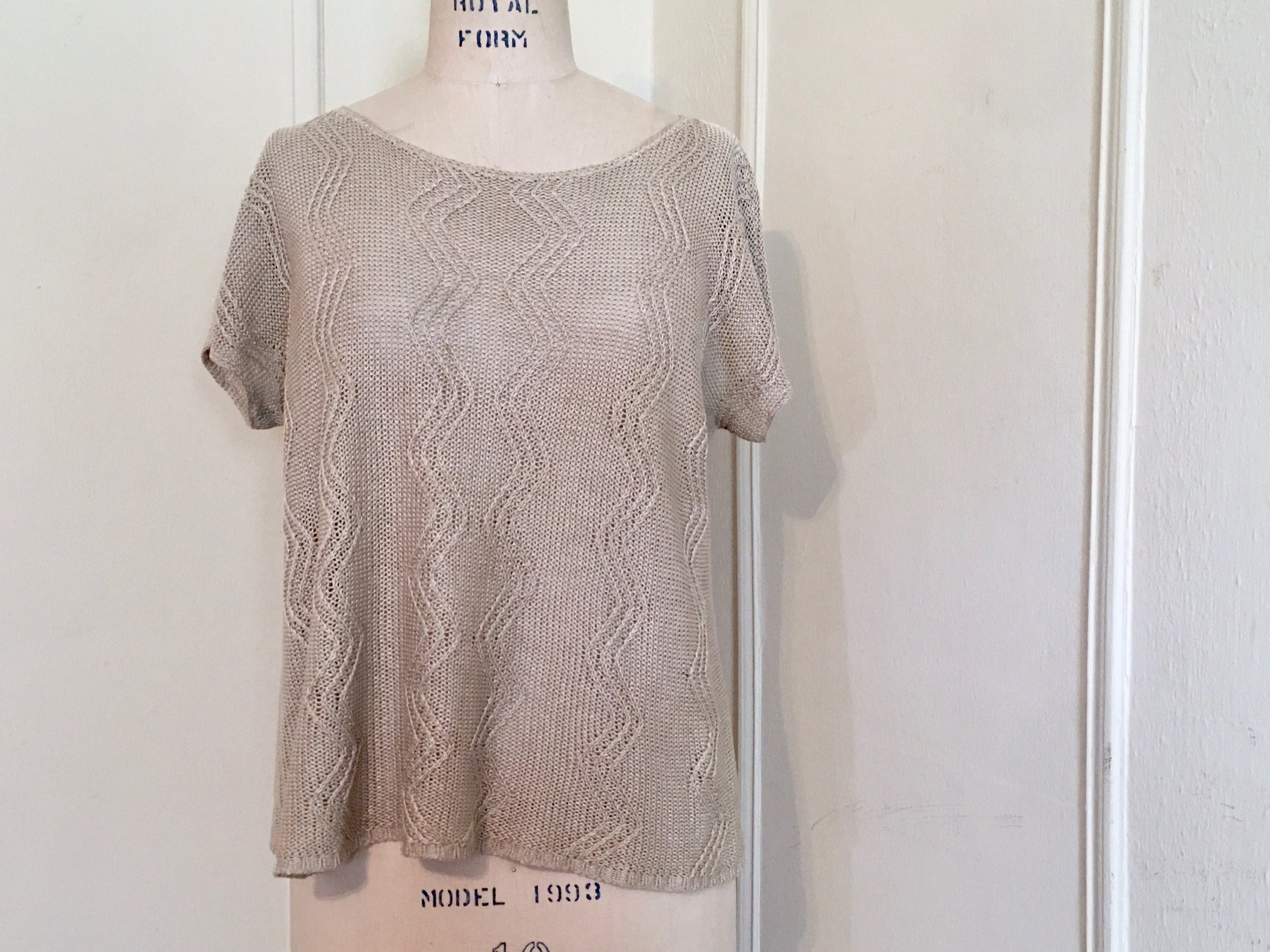 1980s 100% Linen Knit Summer Sweater by Pringle of Scotland - short sleeve Pullover, jumper - vintage  size medium to large