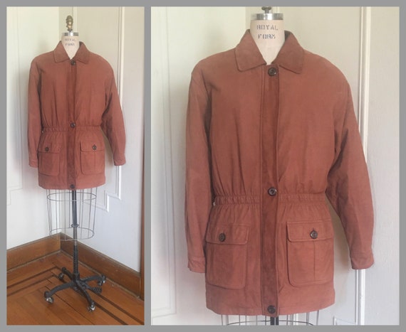 1990s Tawny Brown Leather Barn Coat with plaid Li… - image 2
