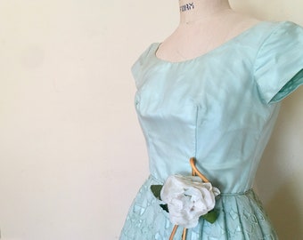 1950s Robin's Egg Blue Party Dress - organza cutout overlay, tulle underskirt, cap sleeves, vintage ROSE embellishment, knee length - small