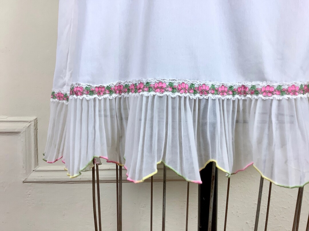 Vintage White Nylon Half Slip With Broomstick Pleating and Pink Green