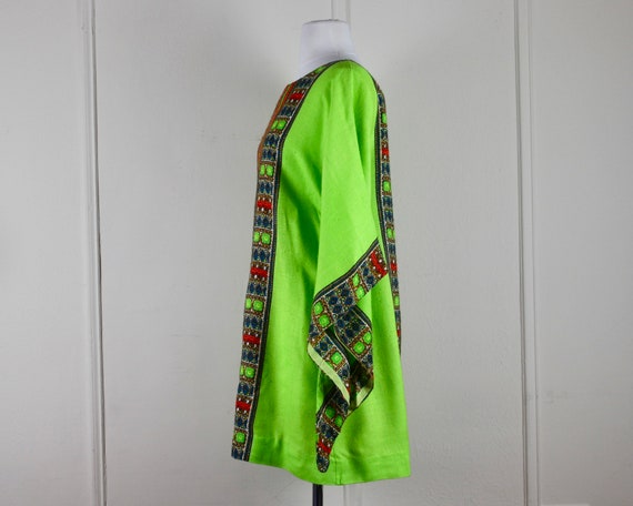 1970s neon GREEN Cotton Caftan, Batik Mini Dress,… - image 5
